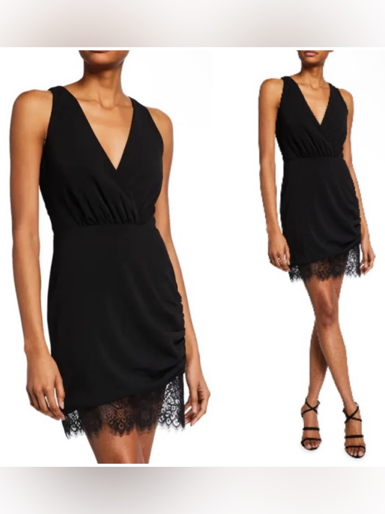Jaygodfrey Clifford Black V-Neck Lace Hem Mini Dress Nwt $320